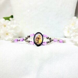 ✝️Purple Silver Beaded Oval Religious St.Anthony Pray For Us Devotional Bracelet